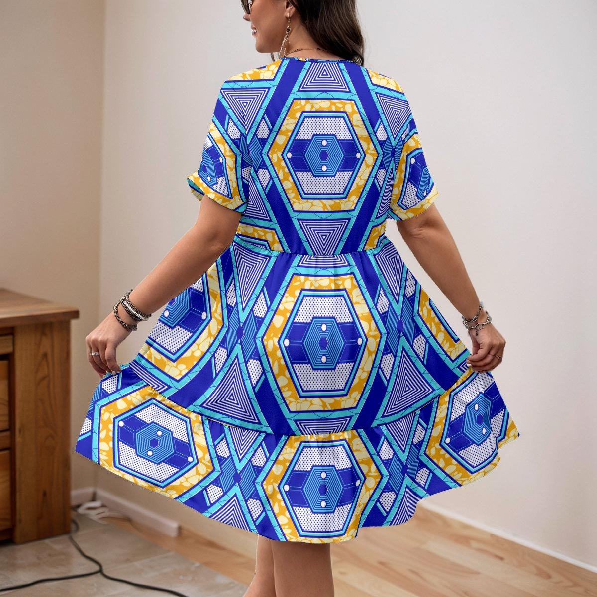 Blue Medallion Print V-Neck A-Line Dress – view 3