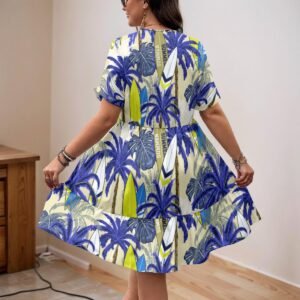 Women's blue palm print v-neck a-line dress by Creamy Cougar