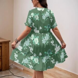 Women's sage botanical print v-neck a-line dress by Creamy Cougar