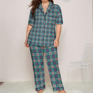 Woman wearing the Teal Plaid Medallion Print Satin Pajama Set by Creamy Cougar