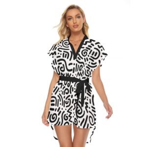 Women's black & white squiggle print belted shirt dress by Creamy Cougar