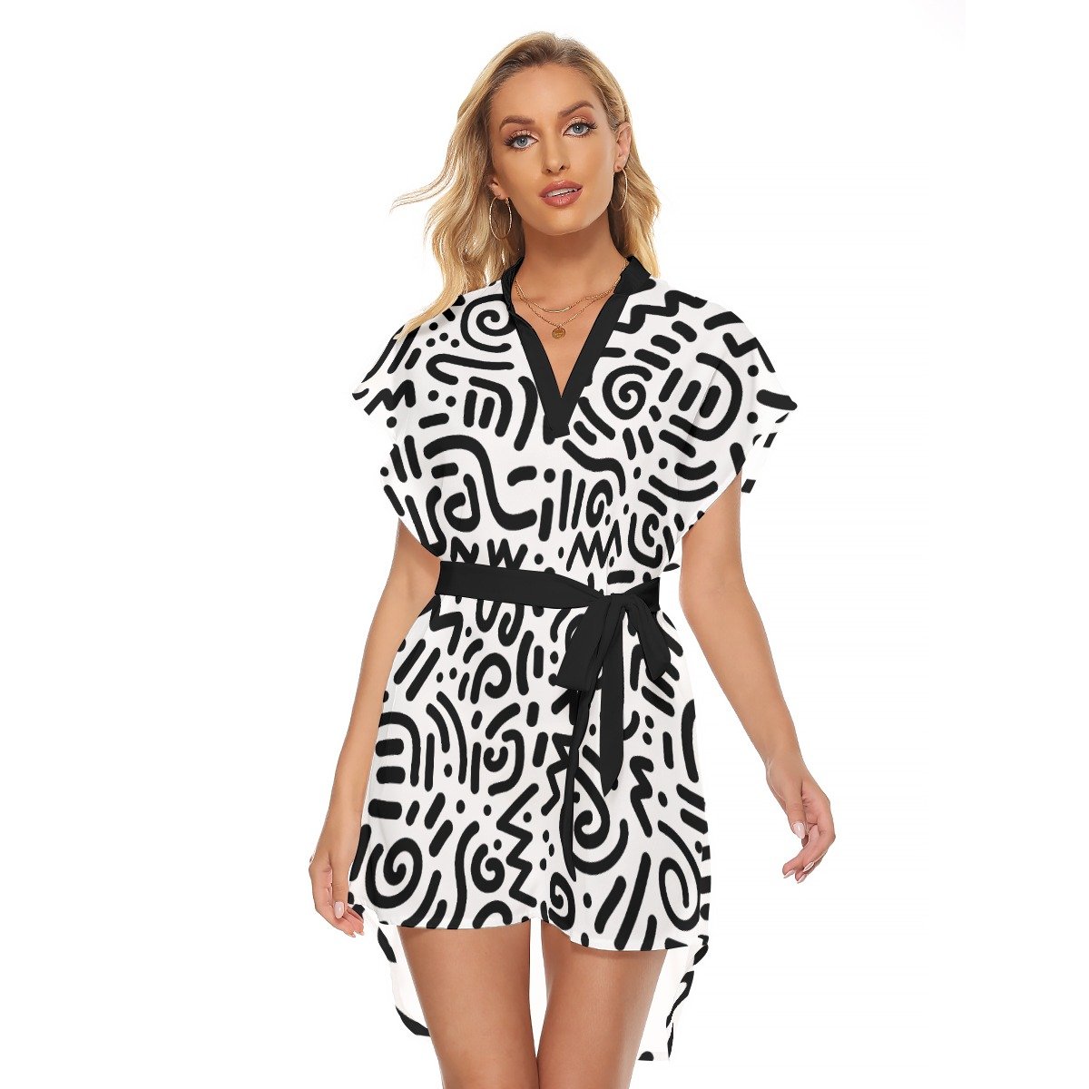 All-Over Print Women’s Stand-up Collar Casual Dress With Belt
