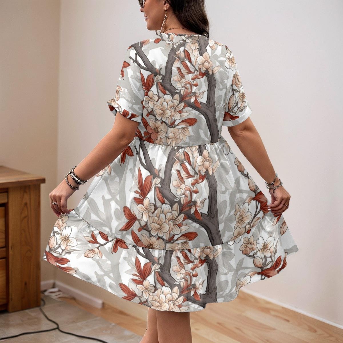 Women's ivory botanical print v-neck a-line dress by Creamy Cougar