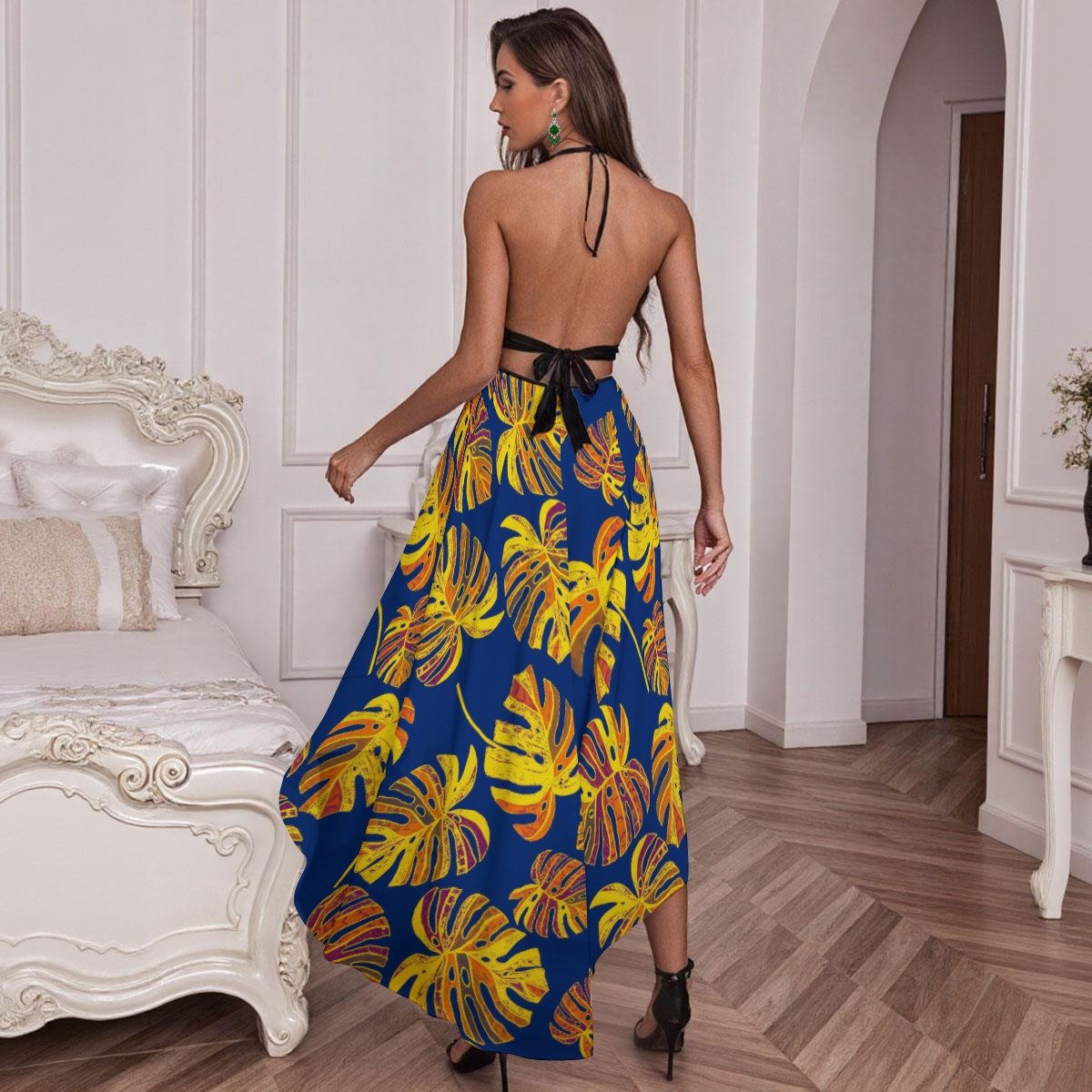 Tropical Leaf Print Mesh Lace Maxi Evening Dress – view 2