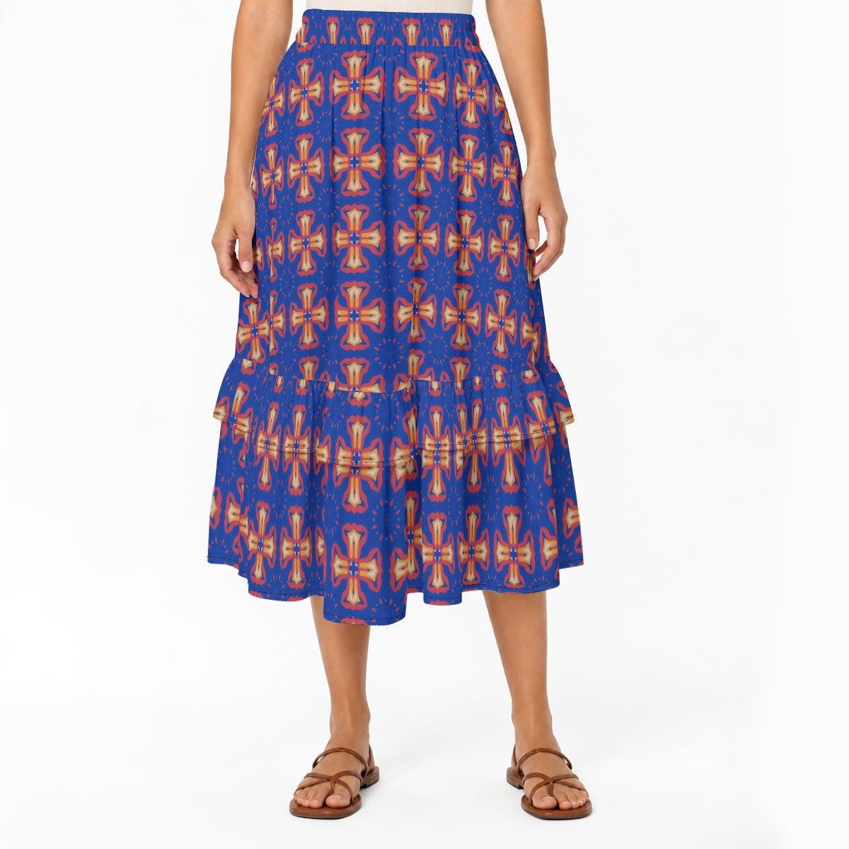 Woman wearing the Copper Medallion Print Tiered Ruffle Maxi Skirt by Creamy Cougar