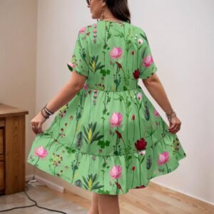Women's green floral print v-neck a-line dress by Creamy Cougar
