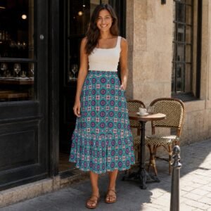 325888-16500c5f-d386-4621-9f38-6ad444792665.jpg Teal Medallion Print Tiered Ruffle Maxi Skirt by Creamy Cougar, view 2