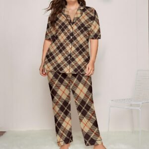 Woman wearing the Camel Plaid Print Satin Pajama Set by Creamy Cougar