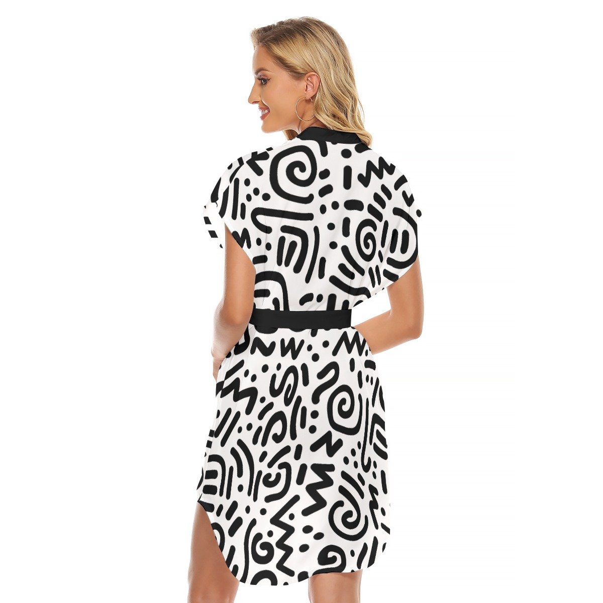 Black & White Squiggle Print Belted Shirt Dress – view 4