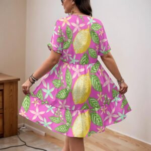 Women's pink lemon print v-neck a-line dress by Creamy Cougar