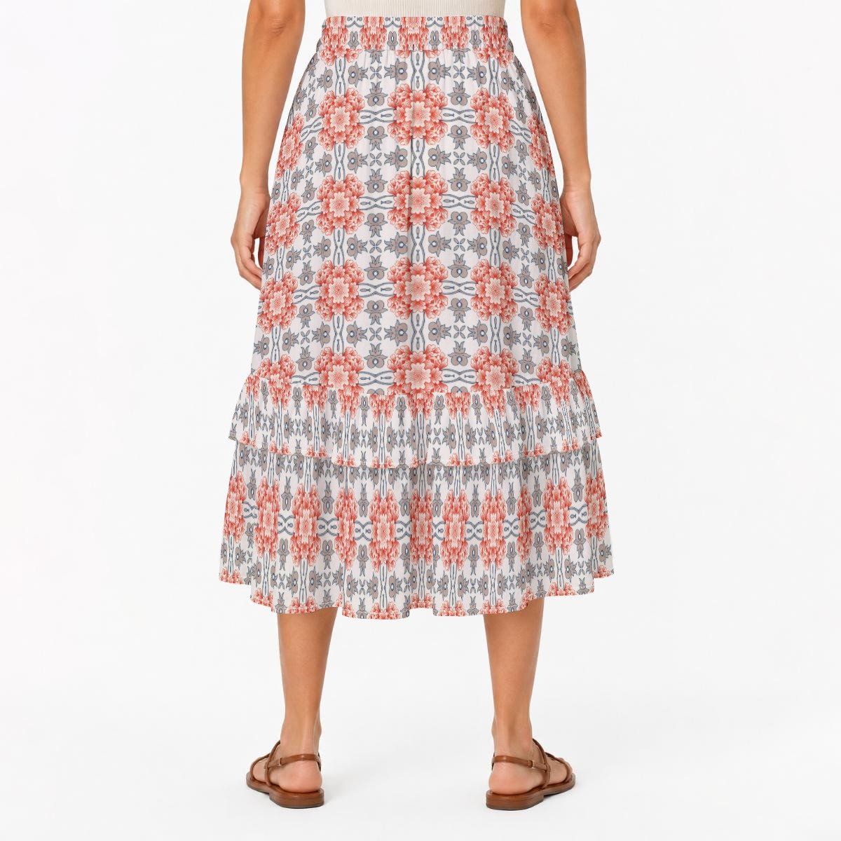 Coral Blue Mosaic Print Tiered Ruffle Maxi Skirt by Creamy Cougar, view 4