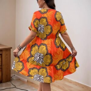 Orange African Floral Print V-Neck A-Line Dress Orange African Floral Print V-Neck A-Line Dress – view 2