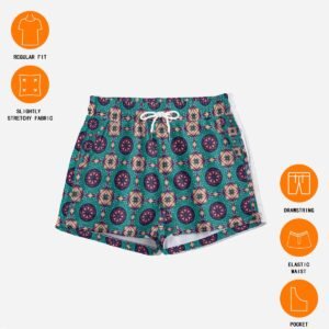 Woman wearing the Emerald Teal Tile Print Casual Shorts by Creamy Cougar