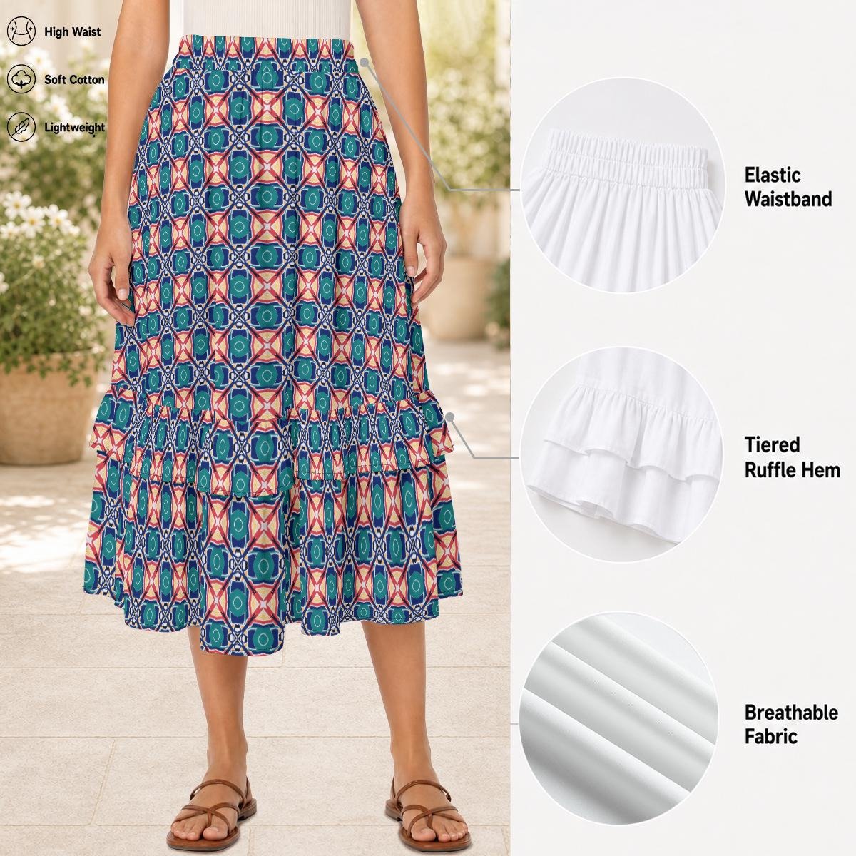 Teal Starburst Print Tiered Ruffle Maxi Skirt by Creamy Cougar, view 5