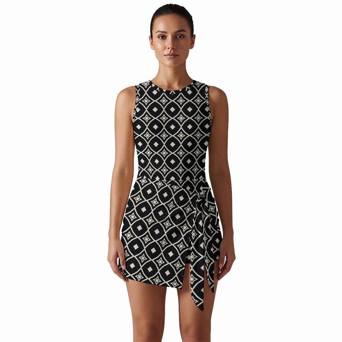 Black & White Tile Print Sleeveless Bodycon Mini Dress by Creamy Cougar, view 2