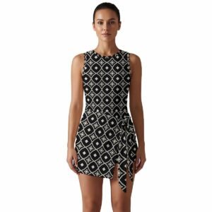 Woman wearing the Black & White Medallion Print Sleeveless Bodycon Mini Dress by Creamy Cougar