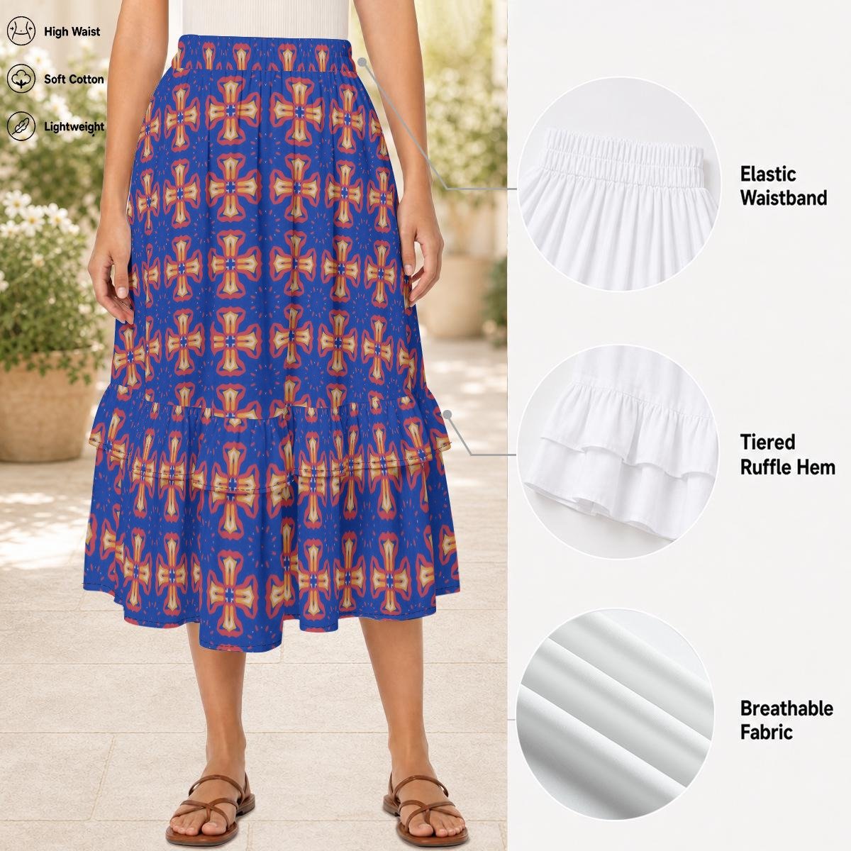 Cobalt Coral Medallion Print Tiered Ruffle Maxi Skirt by Creamy Cougar, view 5