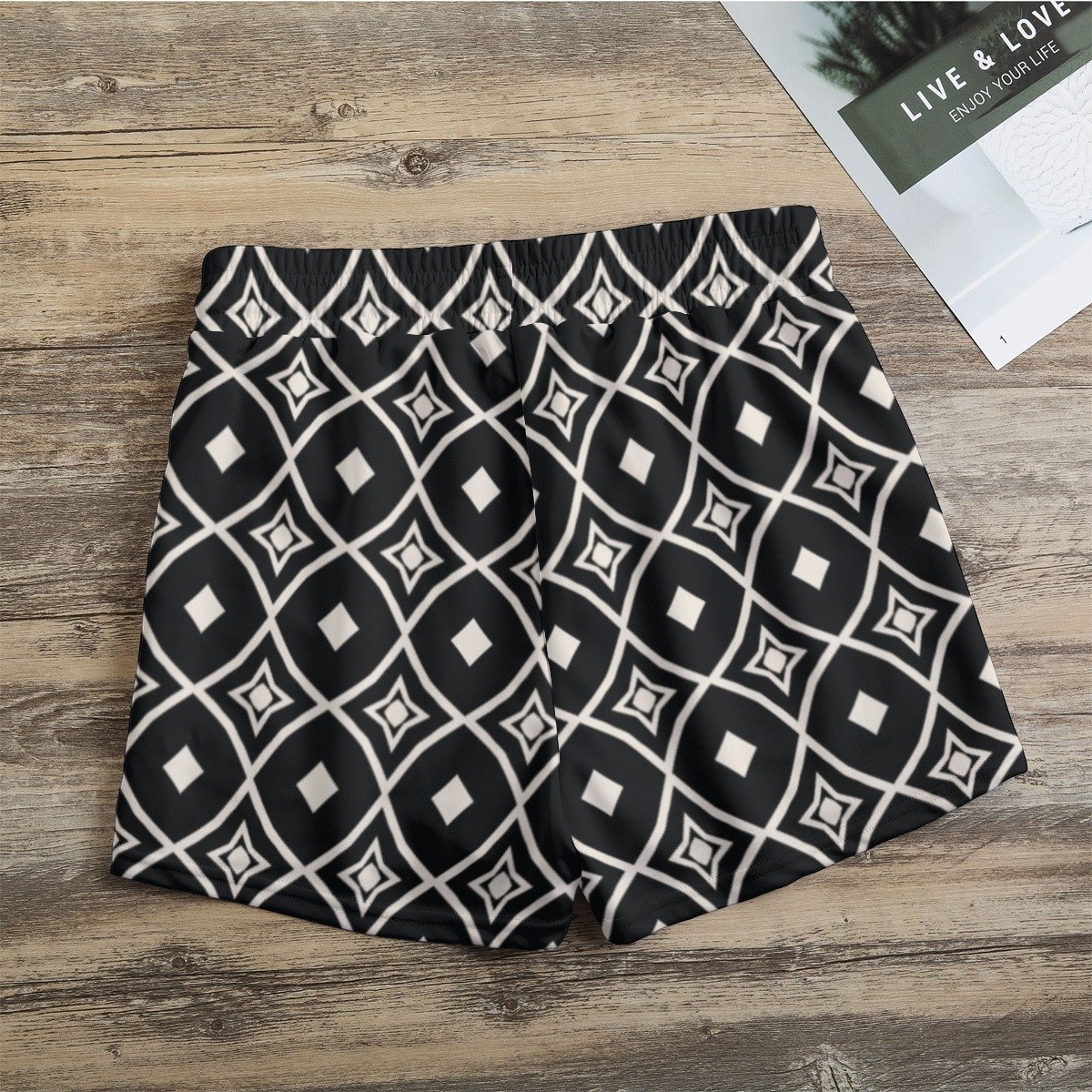 Black & White Diamond Medallion Print Casual Shorts by Creamy Cougar, view 2