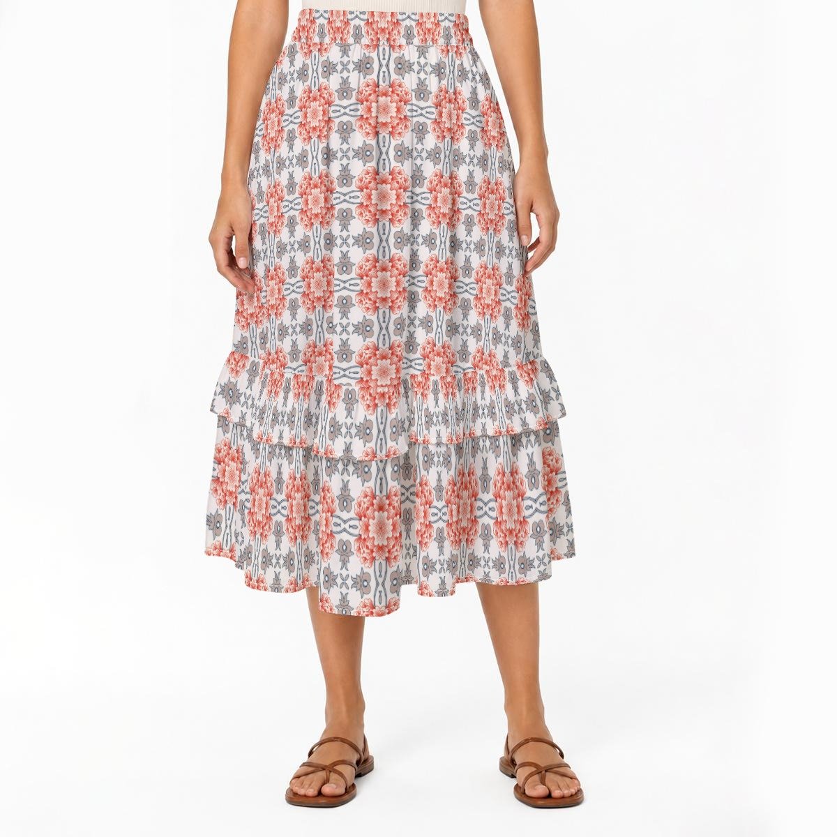 Coral Blue Mosaic Print Tiered Ruffle Maxi Skirt by Creamy Cougar, view 3