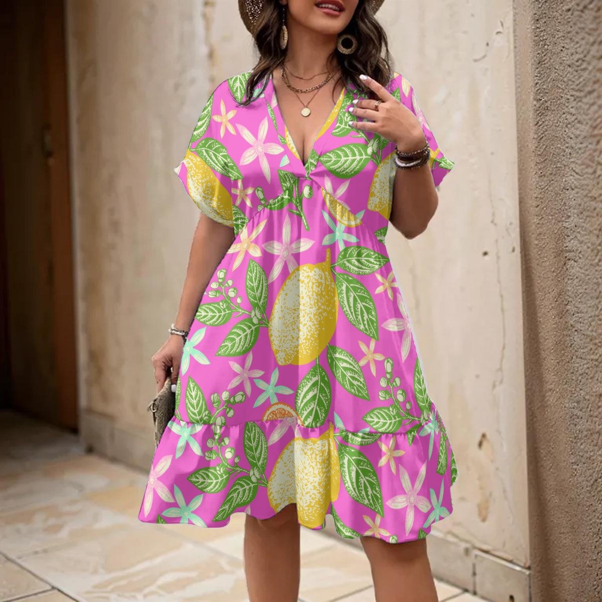 Pink Lemon Print V-Neck A-Line Dress – view 2