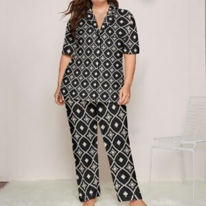Woman wearing the Black & White Diamond Print Satin Pajama Set by Creamy Cougar