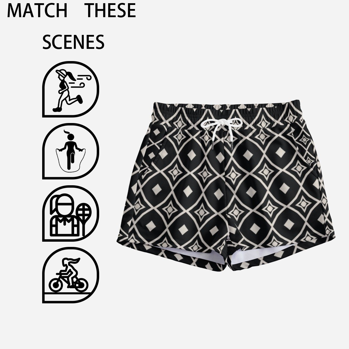 Black & White Diamond Medallion Print Casual Shorts by Creamy Cougar, view 3