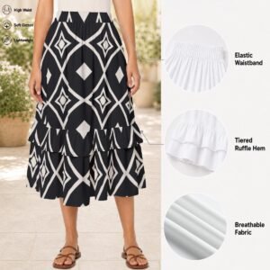 325888-3d4e8835-4dad-43ba-9ee6-66b4a14c62e5-1.jpg Woman wearing the Black & White Ikat Print Tiered Maxi Skirt by Creamy Cougar