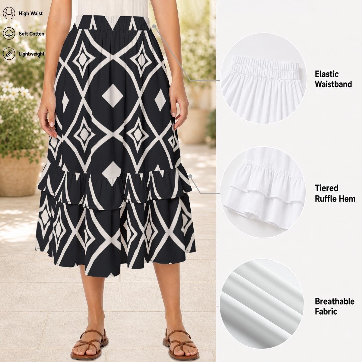 Woman wearing the Black & White Ikat Print Tiered Maxi Skirt by Creamy Cougar