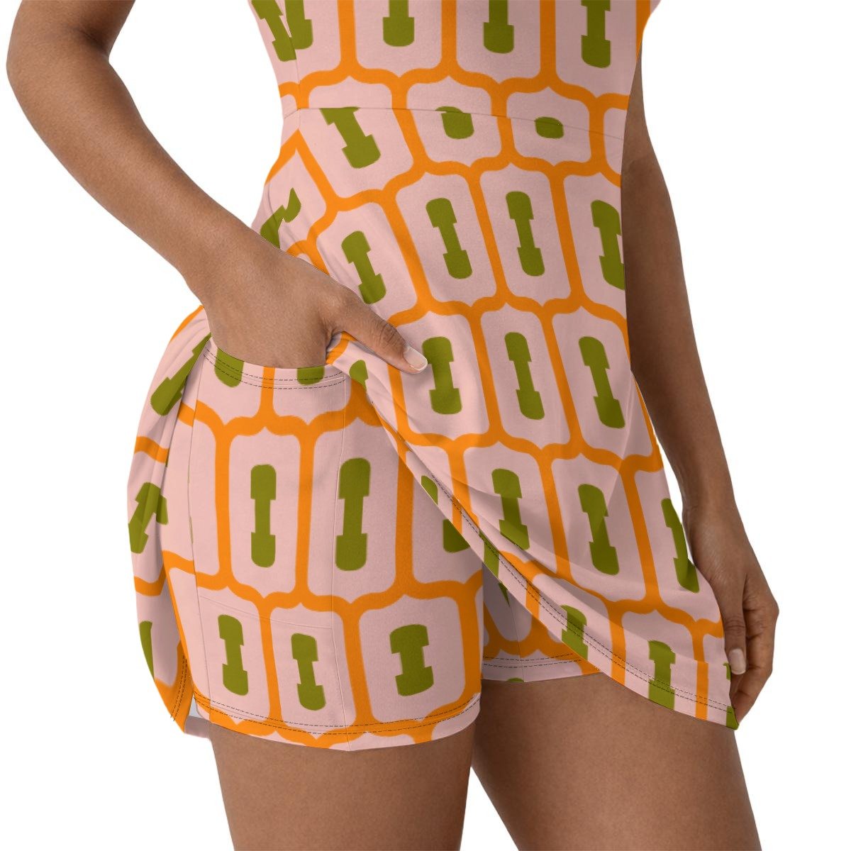 Orange Mosaic Print Athletic Dress with Built-In Shorts – view 2