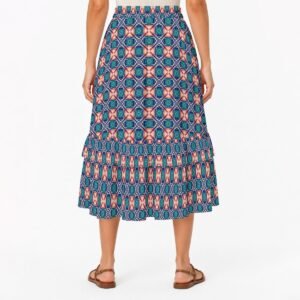 Woman wearing the Teal Starburst Print Tiered Ruffle Maxi Skirt by Creamy Cougar