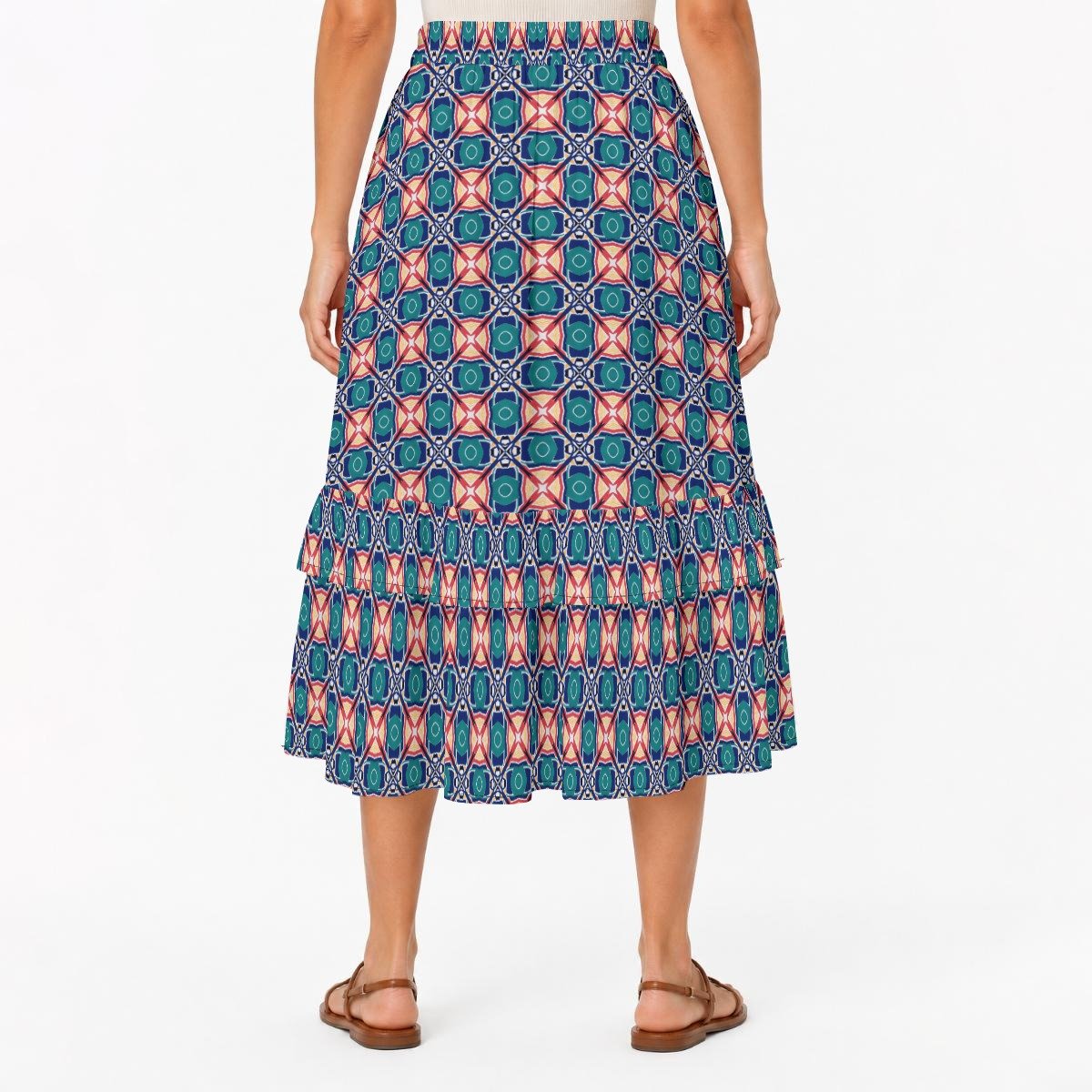 Woman wearing the Teal Starburst Print Tiered Ruffle Maxi Skirt by Creamy Cougar