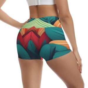 Woman wearing the Teal Chevron Leaf Print Ultra-Short Yoga Shorts by Creamy Cougar