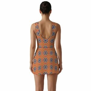 Woman wearing the Copper Mosaic Print Sleeveless Bodycon Mini Dress by Creamy Cougar