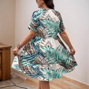 Women's mint tropical leaf print v-neck a-line dress by Creamy Cougar