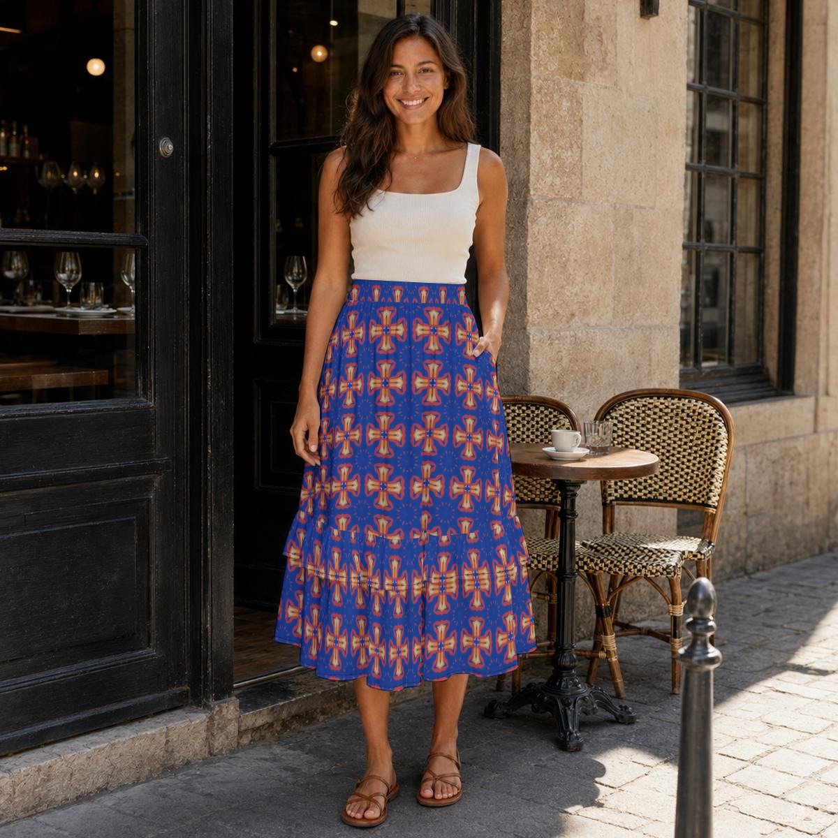 Woman wearing the Copper Medallion Print Tiered Ruffle Maxi Skirt by Creamy Cougar
