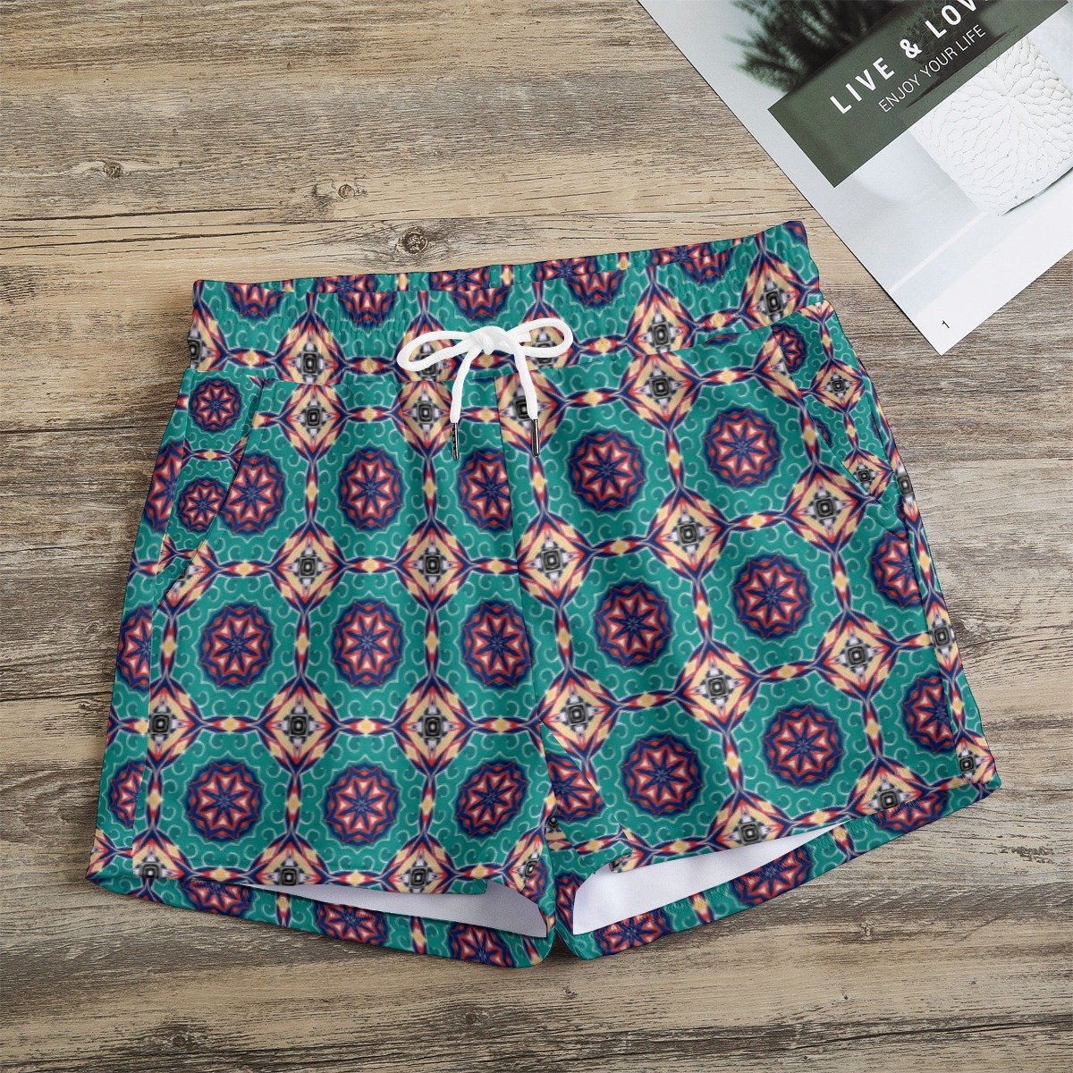 Emerald Teal Tile Print Casual Shorts by Creamy Cougar, view 4