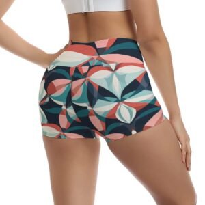 Woman wearing the Teal Mosaic Petal Print Ultra-Short Yoga Shorts by Creamy Cougar