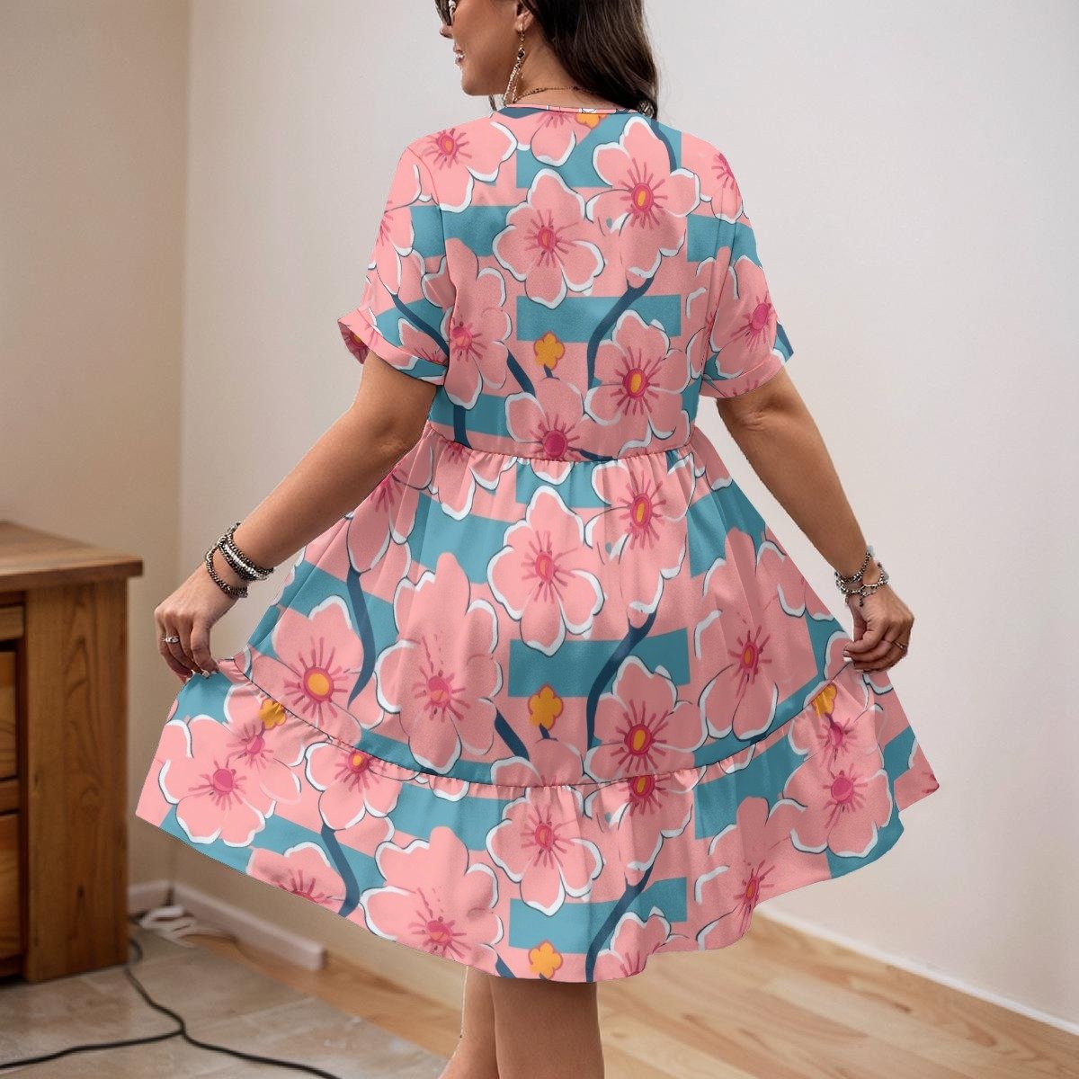 Women's pink tropical floral print v-neck a-line dress by Creamy Cougar
