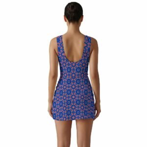 Woman wearing the Royal Blue Medallion Print Sleeveless Bodycon Mini Dress by Creamy Cougar