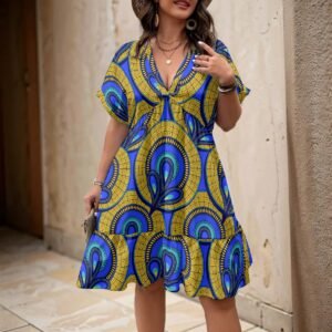 Blue & Gold African Print V-Neck A-Line Dress Blue & Gold African Print V-Neck A-Line Dress – view 2
