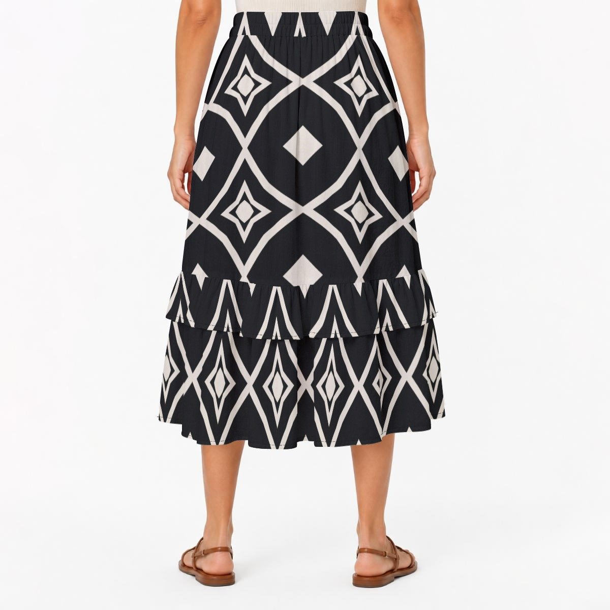 Black & White Ikat Print Tiered Ruffle Maxi Skirt by Creamy Cougar, view 4