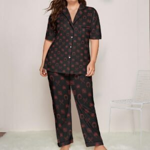 Woman wearing the Espresso Floral Print Satin Pajama Set by Creamy Cougar