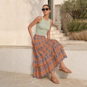 325888-6e896775-2702-4f4e-90ff-bec0fba9b3cd.jpg Woman wearing the Amber Medallion Print Tiered Ruffle Maxi Skirt by Creamy Cougar