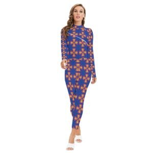 Woman wearing the Indigo Coral Medallion Print Long Sleeve High-Neck Jumpsuit by Creamy Cougar