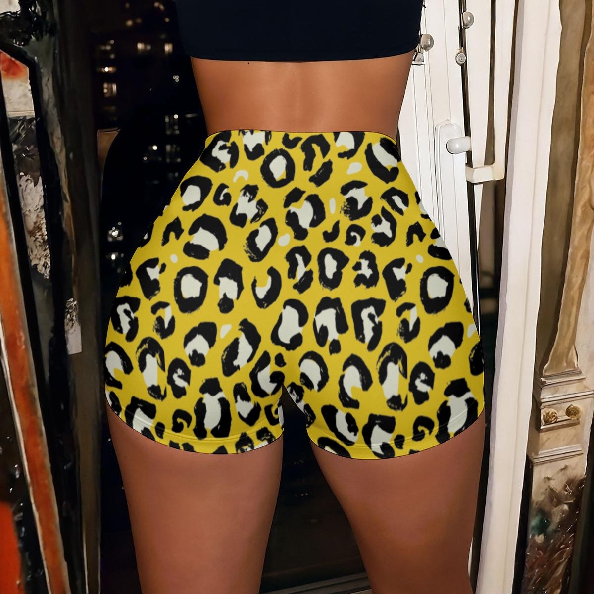 Yellow Leopard Print High-Stretch Shorts – view 2