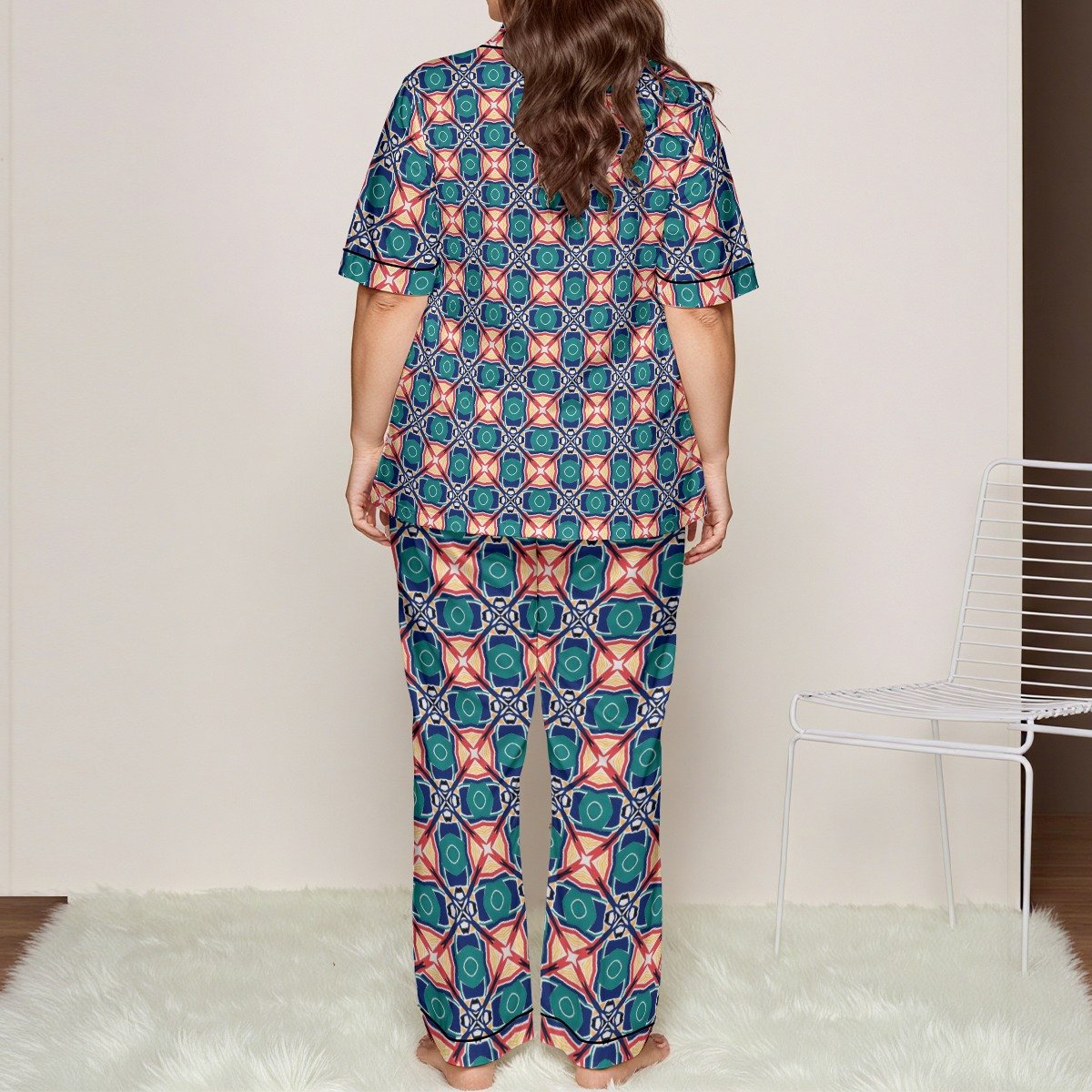 Teal Coral Medallion Print Satin Pajama Set by Creamy Cougar, view 2