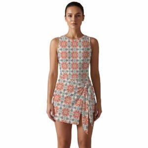 Woman wearing the Blush Mosaic Print Sleeveless Bodycon Mini Dress by Creamy Cougar
