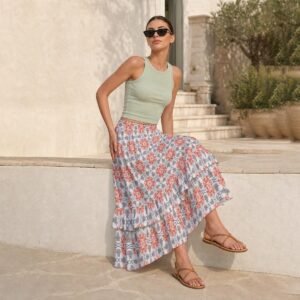 325888-7f5cfd66-1d85-44b1-804f-d0f669b5287c.jpg Woman wearing the Coral Blue Mosaic Print Tiered Ruffle Maxi Skirt by Creamy Cougar