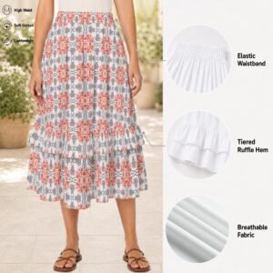 325888-8143f799-0ba8-442f-ac8e-e3142ee54b45-1.jpg Woman wearing the Blush Tile Print Tiered Ruffle Maxi Skirt by Creamy Cougar
