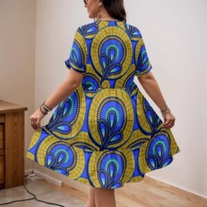 Women's blue & gold african print v-neck a-line dress by Creamy Cougar